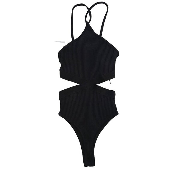 Zara Rib Cutout Y2K Halter Bodysuit Black ( S ) - Picture 4 of 6